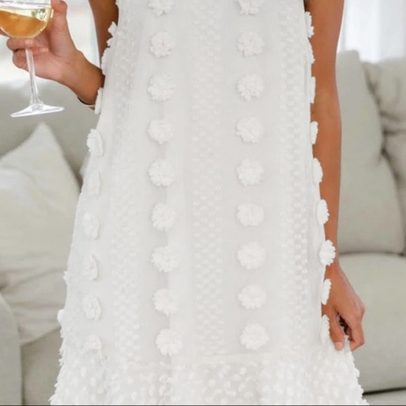 Boho White Pom Pom Spaghetti Strap Mini Dress - Picture 3 of 5